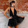 Club wear black gold tassel backless halter mini sexy summer dress women back view