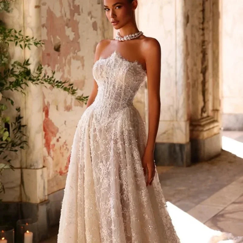 Customized Shiny luxury Lace ivory A Line Wedding Dresses Sweetheart decal vestidos de novia Made robes De mariée