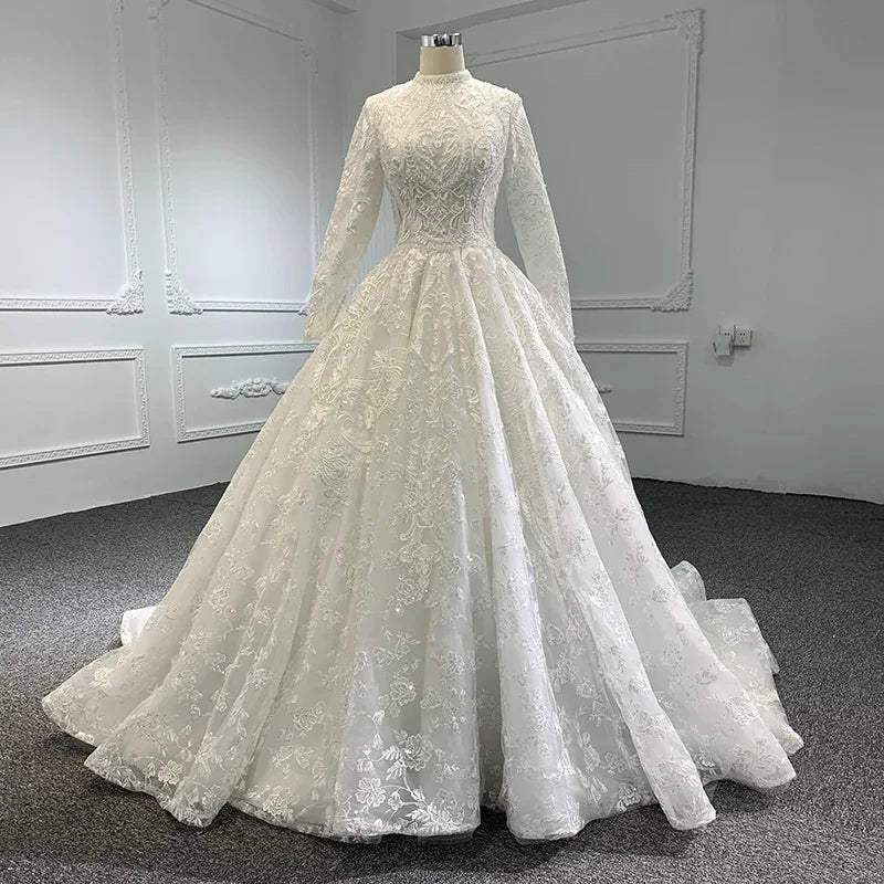 Muslim wedding dress ball gown lace beaded long sleeve bridal gown lace-up back