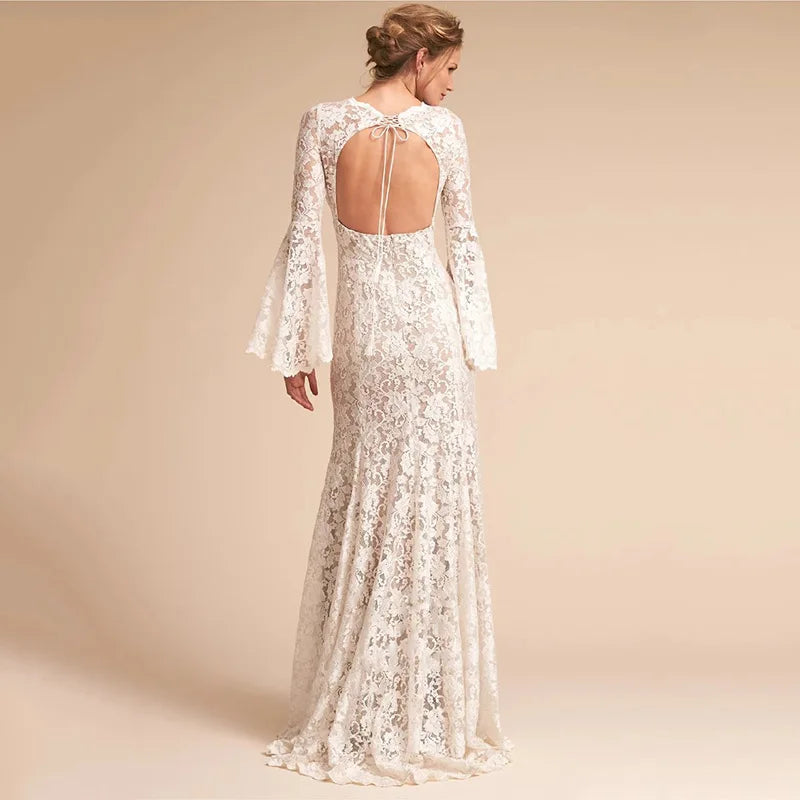 Classic mermaid wedding dress 2026 V-neck open back flare sleeves lace princess boho garden bridal gown