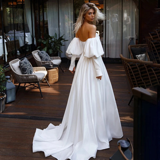 Strapless Long Lantern Sleeves Wedding Dress Ruched Customized Drop Ship Plus Size Zipper Simple Luxe Crepe Bridal Gown