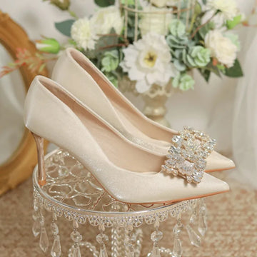Women's Crystal Square Buckle High Heels Pumps Elegant Silk Thin Heeled Wedding Shoes Woman Slip On Pointed Toe Dress Shoes
