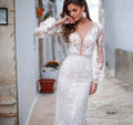 Mermaid lace luxury V-neck long sleeve backless tulle appliques elegant bridal gown close-up