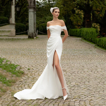 Customized Off Shoulder Mermaid Wedding Dress Pleated Brides Dress Sexy High Slit Beaded Corset Bridal Gown For Bride