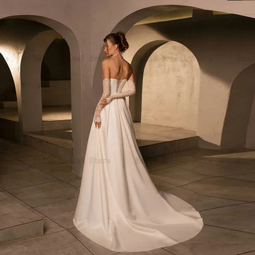 Exquisite Strapless Wedding Dresses Long Lace Sleeves Sweetheart Neck Bridal Gowns Backless A-Line Sweep Train свадебное платье