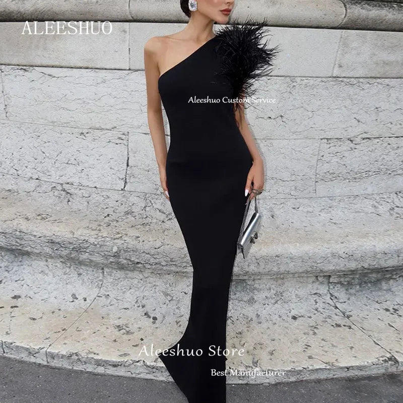 Aleeshuo Elegant Black Mermaid Formal Prom Dress Feathers One Shoulder Sleeveless Evening Dress Party Gowns Saudi Arabia