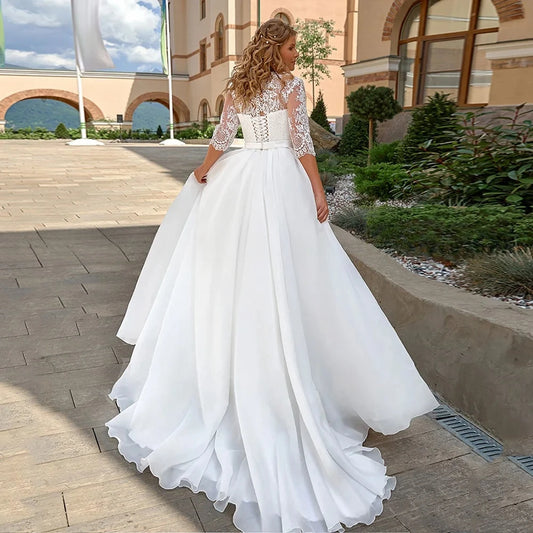 Customized Plus Size Wedding Dress for Bride Half Sleeves V Neck Applique Sweep Train A Line Organza Bridal Gown Robe De Mariee