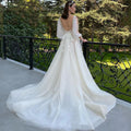 Deep V-neck 3/4 sleeve open back tulle lace boho A-line custom sexy wedding dress bridal gown ivory