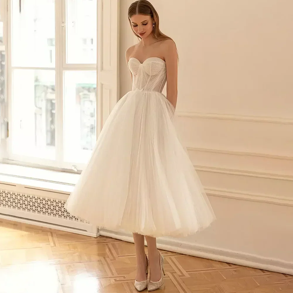 Sweetheart Short Wedding Dresses Sleeveless Mid-Calf Tulle Simple A-Line Bride Gowns Backless Zipper - Image 1