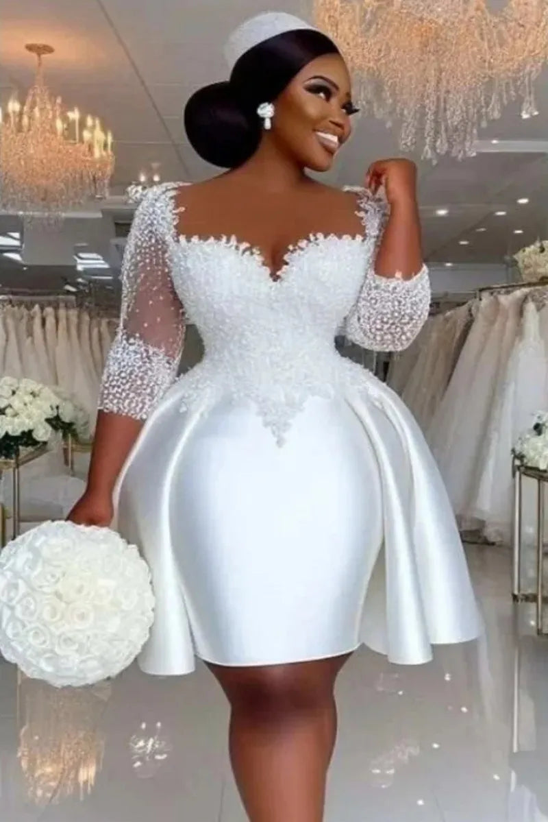 New short wedding dress 2026 sheer neck half sleeves lace appliques pearls satin bridal gown