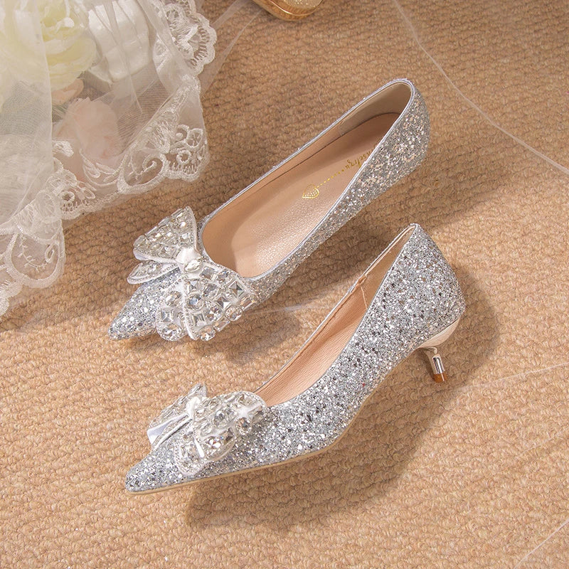 Silver High Heels Shoes Pumps Womens Wedding Shoes Bride Heels Shoes Luxury Bow Pointed High Heels Zapatos Mujer