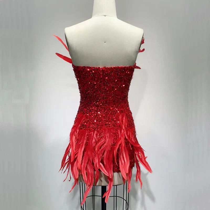 Factory Wholesale Women's Red Feather Strapless High-End Luxury Mini Sexy Boutique Celebrity Cocktail Party Dress