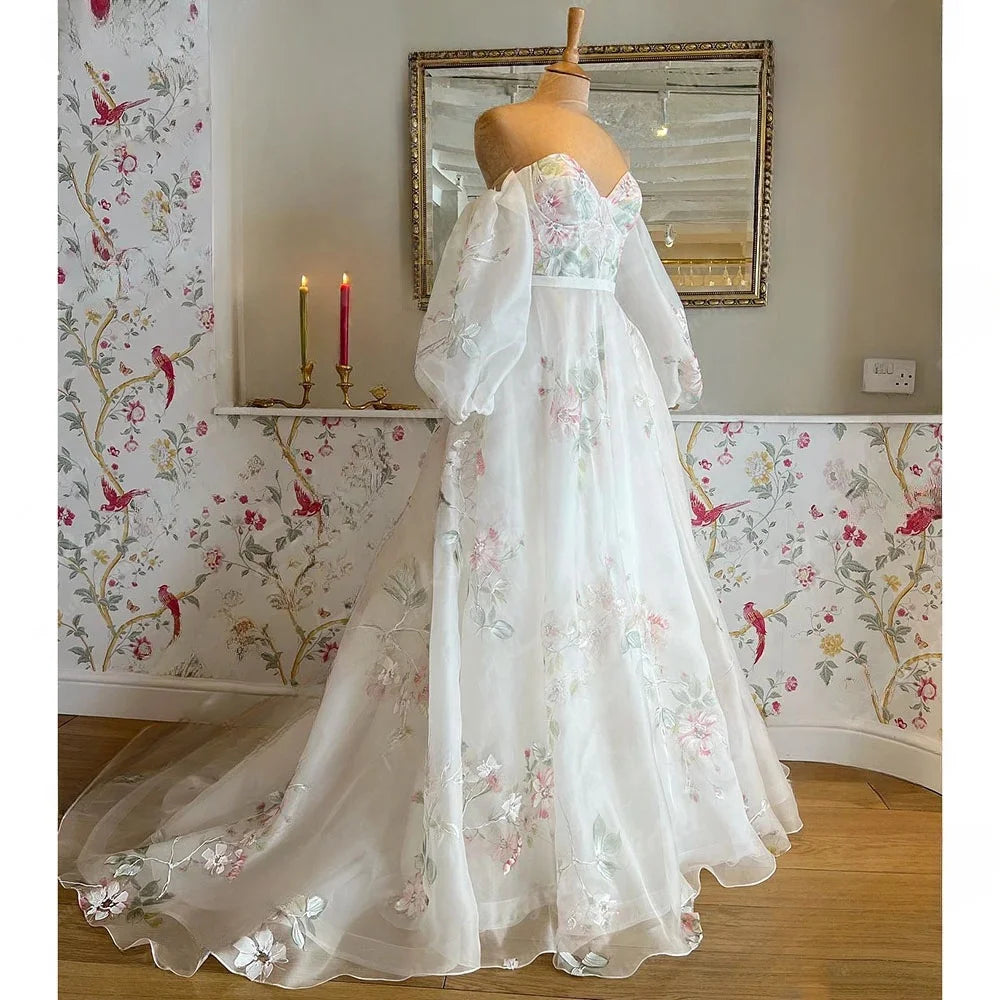 Customized Off Shoulder Princess Sweetheart Print Flower Wedding Dress with Detachable Long Puff Sleeve Wedding Party Dress