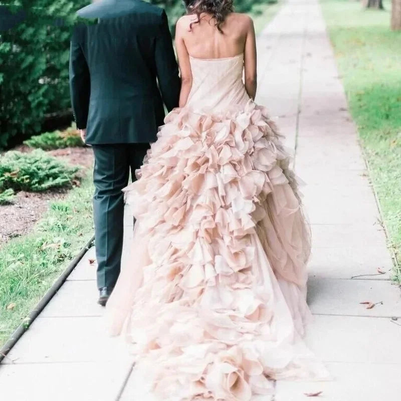 Customize 2026 Pink Ball Gown Wedding Dresses For Bridal Strapless Puffy Ruffle Skirt Tulle Long Wedding Gowns Vestido De Noiva