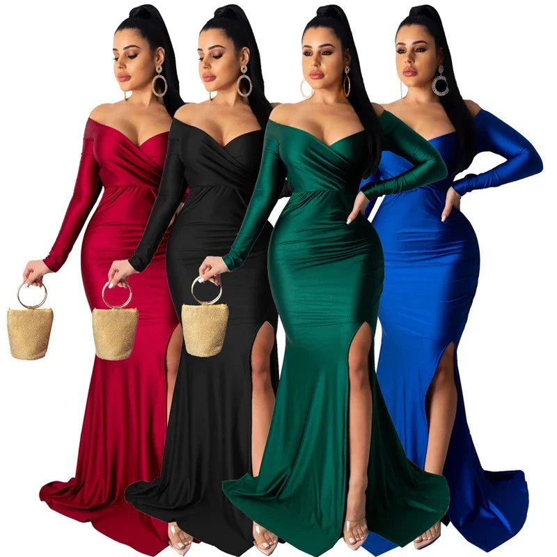 Formal occasion slash neck off-shoulder long sleeve sexy split mermaid long evening party dress detail