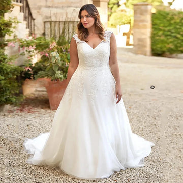 Cap Sleeve V Neck Vestidos De Novia Lace Up Customized Plus Size Wedding Dresses Appliques Vestido De Noiva