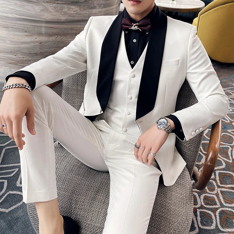 Wedding groom 3 piece fashion men tuxedo blazer vest pants banquet formal business suit back view