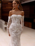 Graceful off-shoulder sparkly appliques pearls classic mermaid long bridal gown front view