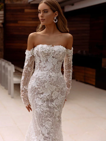 Graceful off-shoulder sparkly appliques pearls classic mermaid long bridal gown front view