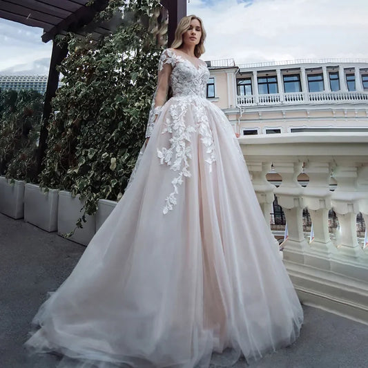 Elegance Modern A Line Wedding Dress Sexy Sheer Boat Neck Appliques Bridal Gown  Illusion Back Button Tulle Sweep Train Dresses