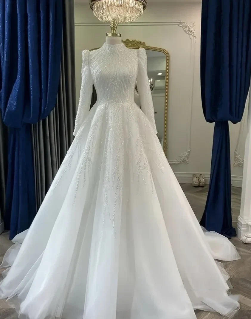 Customized Beaded Muslim Wedding Dresses for Bride Long Sleeve Hijab Islamic Bridal Gowns High Neck Arabic Vestidos De Novia