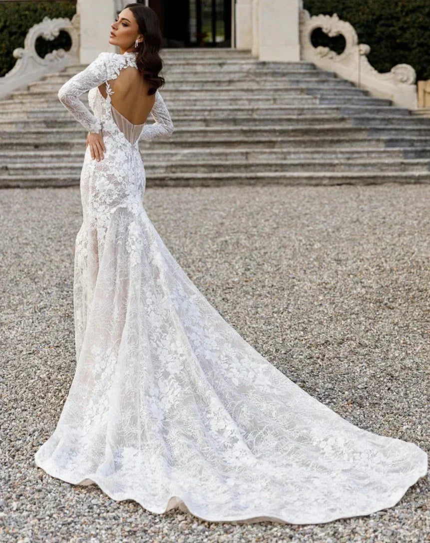 Romantic high neck open back mermaid long sleeve lace high split bridal gown front view