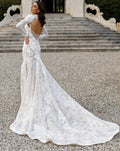 Romantic high neck open back mermaid long sleeve lace high split bridal gown front view