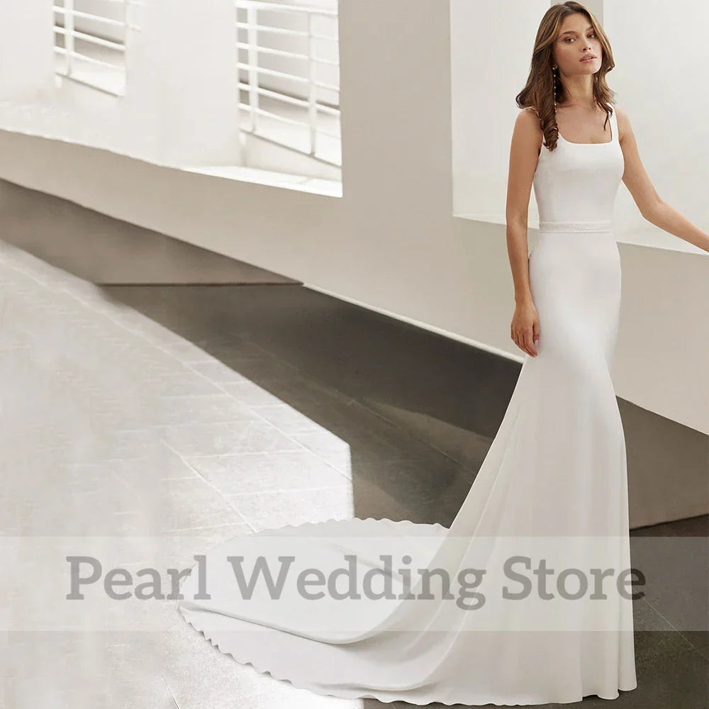 Slim backless square collar sleeveless floor length simple belt custom button wedding dress side view
