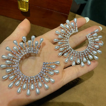 High Quality Zircon Bridal Earrings Big Pearl Zirconia - front view