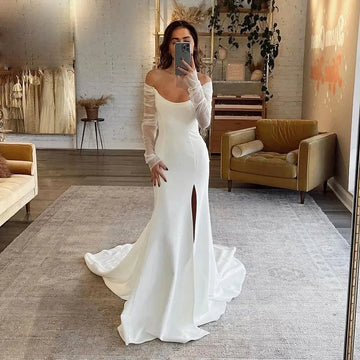 Long Sleeve Beads Pearl Mermaid Wedding Dresses Soft Satin Beach O-Neck Women Side Slit Bridal Gowns Sexy Wedding Party Gown