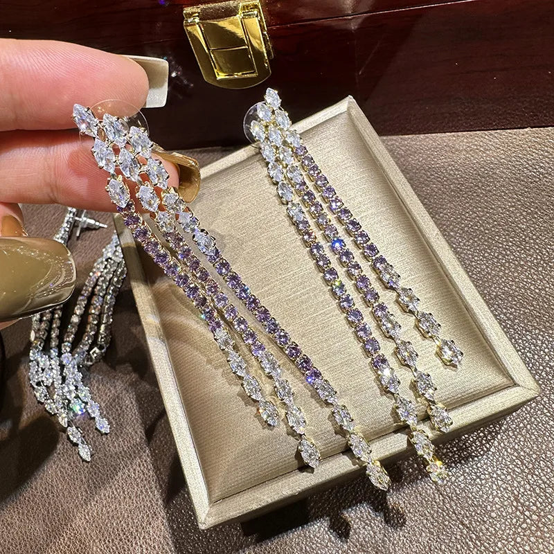 Luxury Long AAA Zircon Bridal Earrings CZ Cubic - worn view