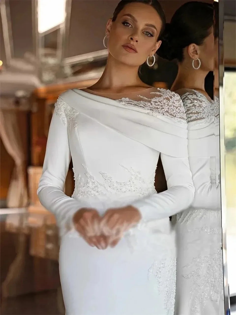 Elegant 2026 wedding dress sheer neck long sleeves embroidery lace satin mermaid bridal gown