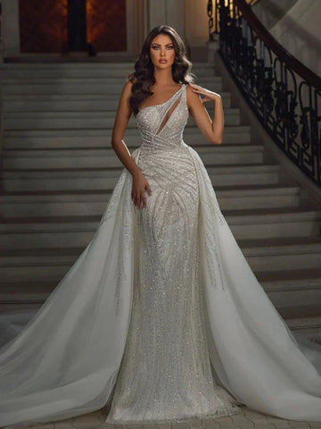 Modern One Shoulder Bridal Dress Sparkly Sequins Beads Wedding Gown Luxury Elegant Mermaid Long Bride Robe Vestido De Novia