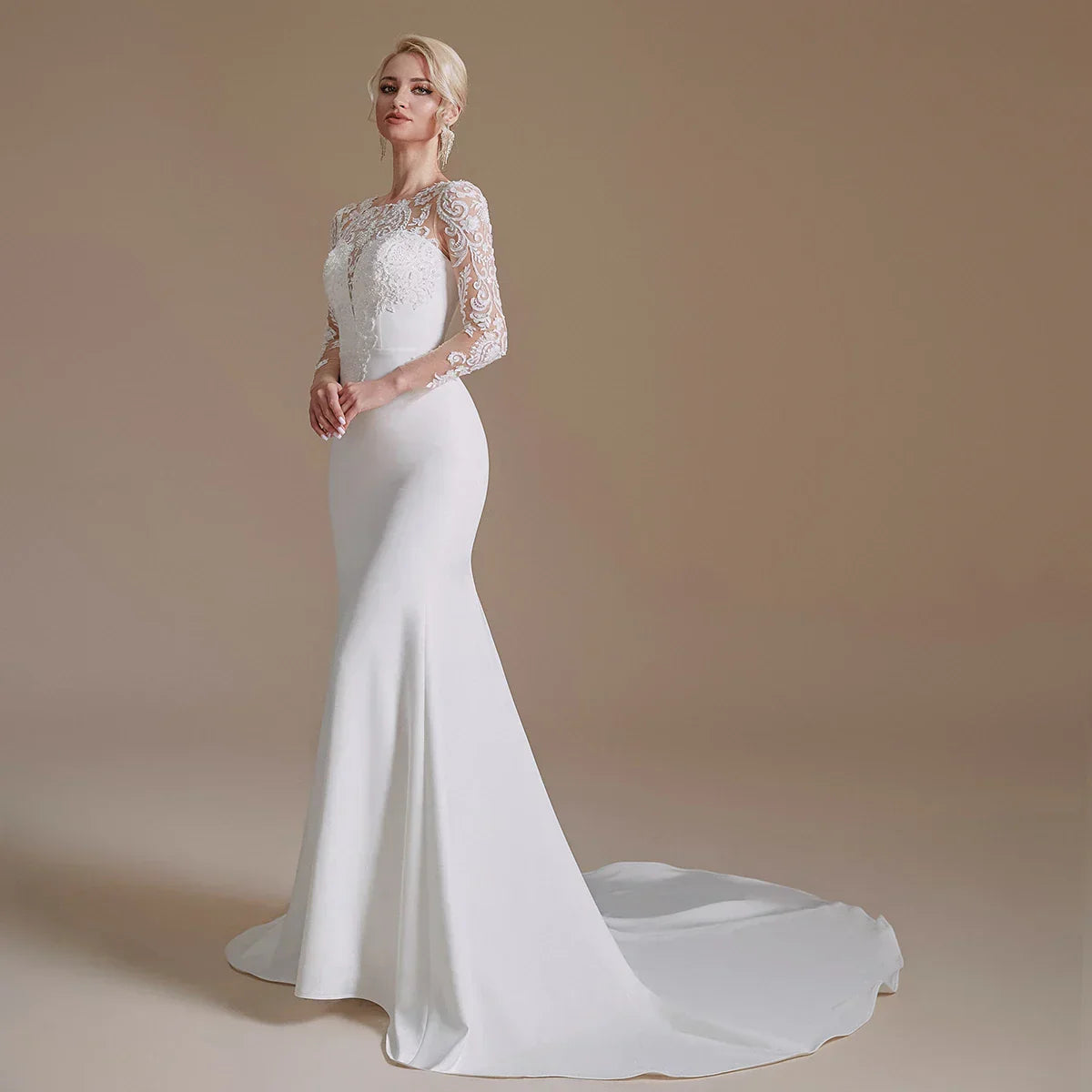 Mermaid O-neck lace appliques long sleeve autumn elegant button back bridal gown back view