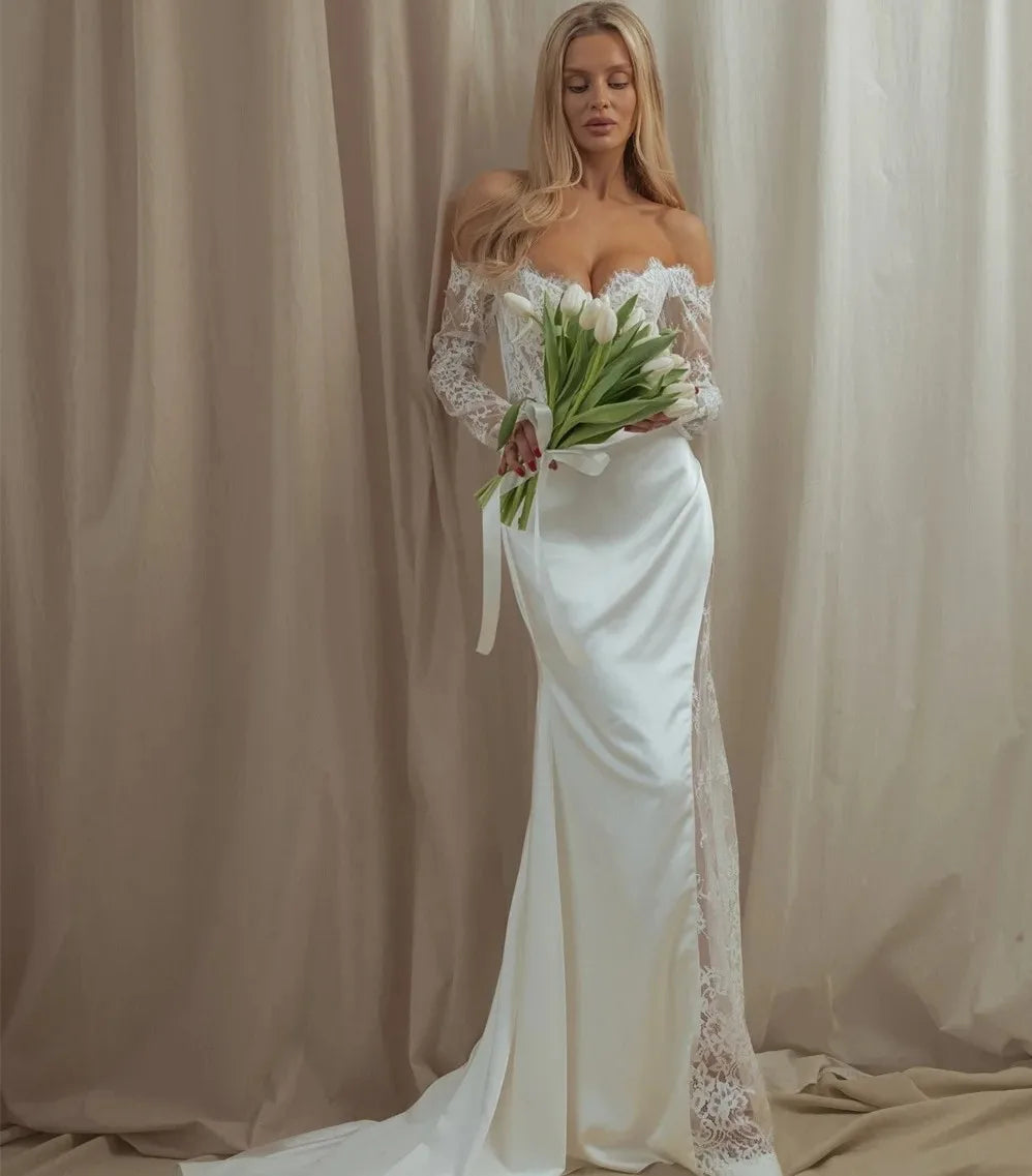 Sexy mermaid wedding dress 2026 off-the-shoulder long sleeves split lace satin boho bridal gown