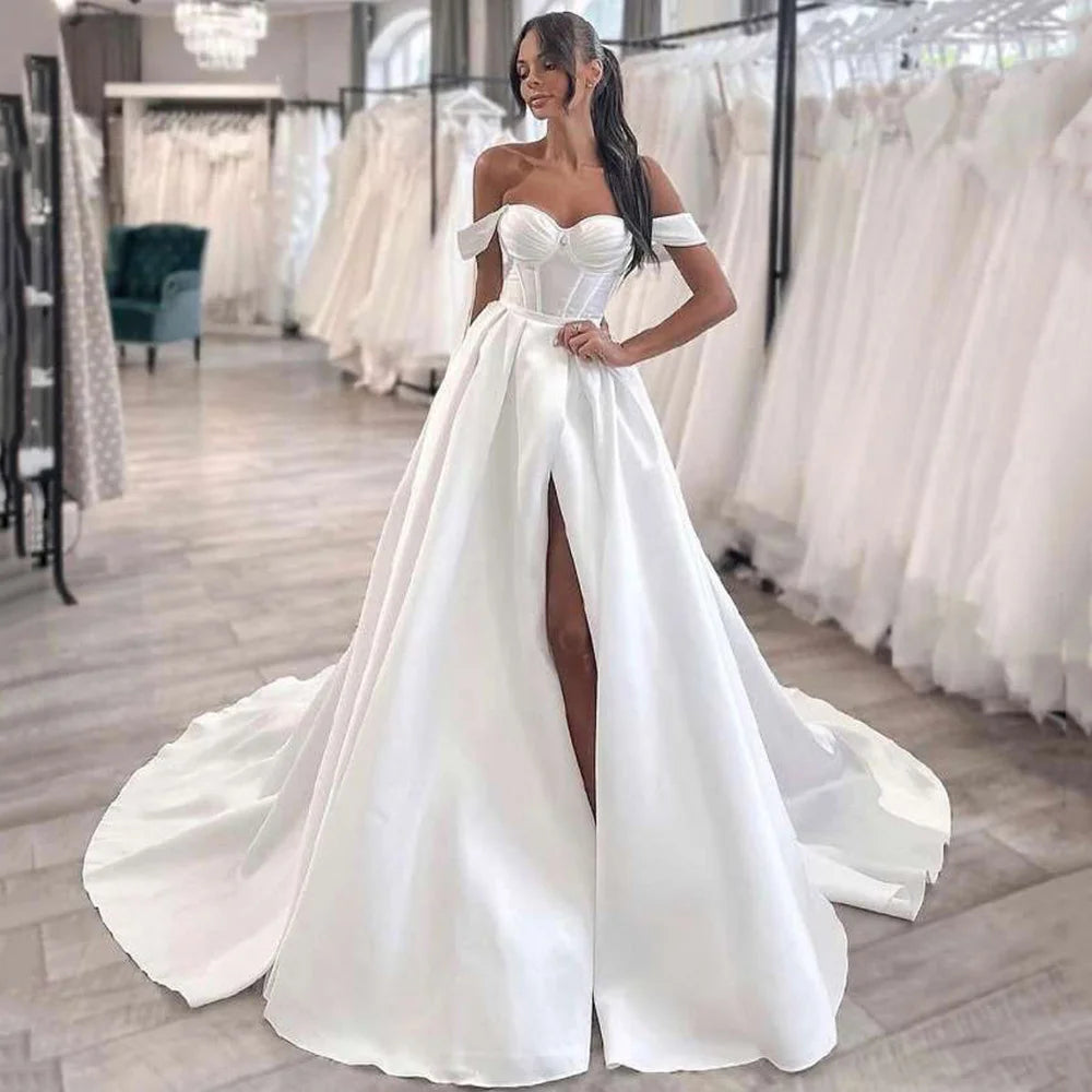 Elegant Plus Size White Satin Wedding Dresses Cap Sleeve Corset Bride Dress Vestido de Noiva Split Side Wedding Gowns Big Train