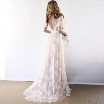 New boho wedding dress 2026 V-neck cap sleeve lace beach backless bridal gown