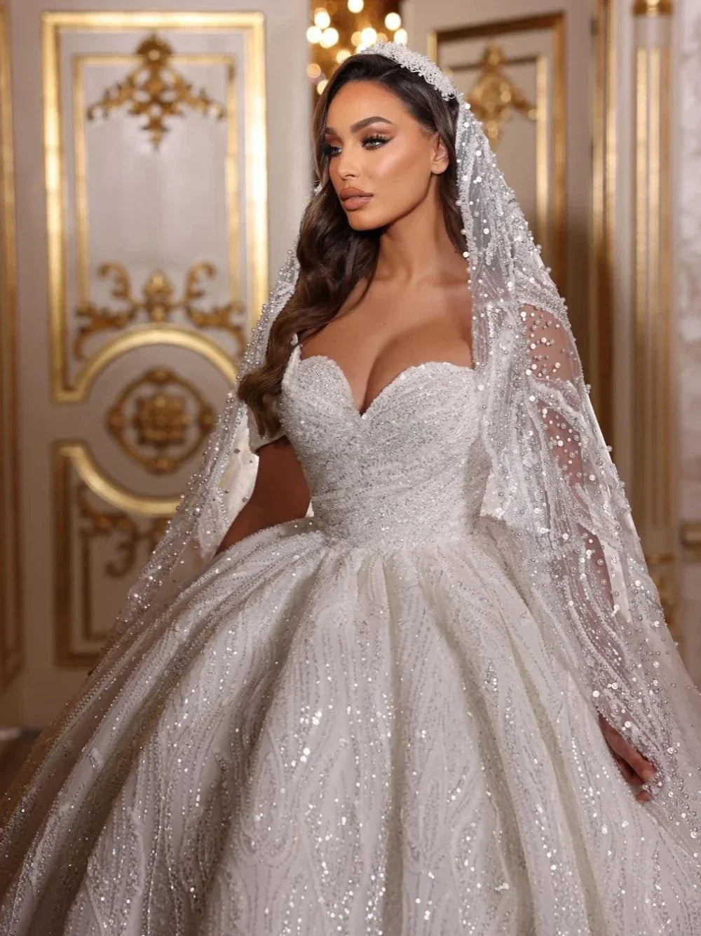 Elegant Sweetheart Neck Wedding Dresses Beading Ball Gown Bridal Gown Shiny Floor-length Bride Dresses Vestidos De Novia
