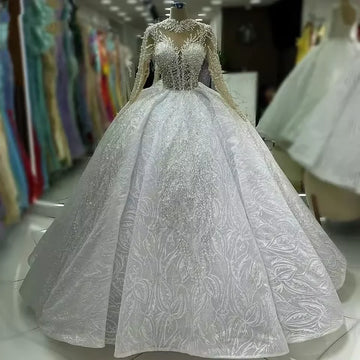 Customized Luxury Beaded Wedding Dresses Long Sleeve Sequined Vestido De Noiva Plus Size Bridal robe de mariée