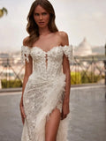 Graceful off-the-shoulder classic lace appliques luxury pearls feathers bride wedding dress bridal gown