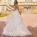 V-neck spaghetti strap lace ball gown zipper tiered court train appliques wedding dress bridal gown ivory