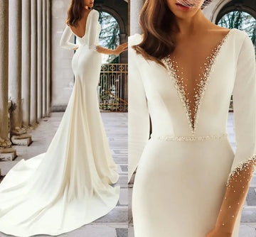 Classic Mermaid Crystal beaded women's wedding dress Sexy V-neck backless long sleeve formal bridal dress Vestidos de Novia