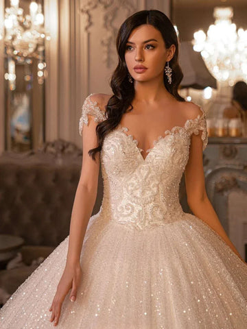 Classic O-neck Short Sleeve Wedding Dress Sparkly Beads Sequins Bridal Gown Graceful Ball Gown Long Bride Robe Vestidos De Novia