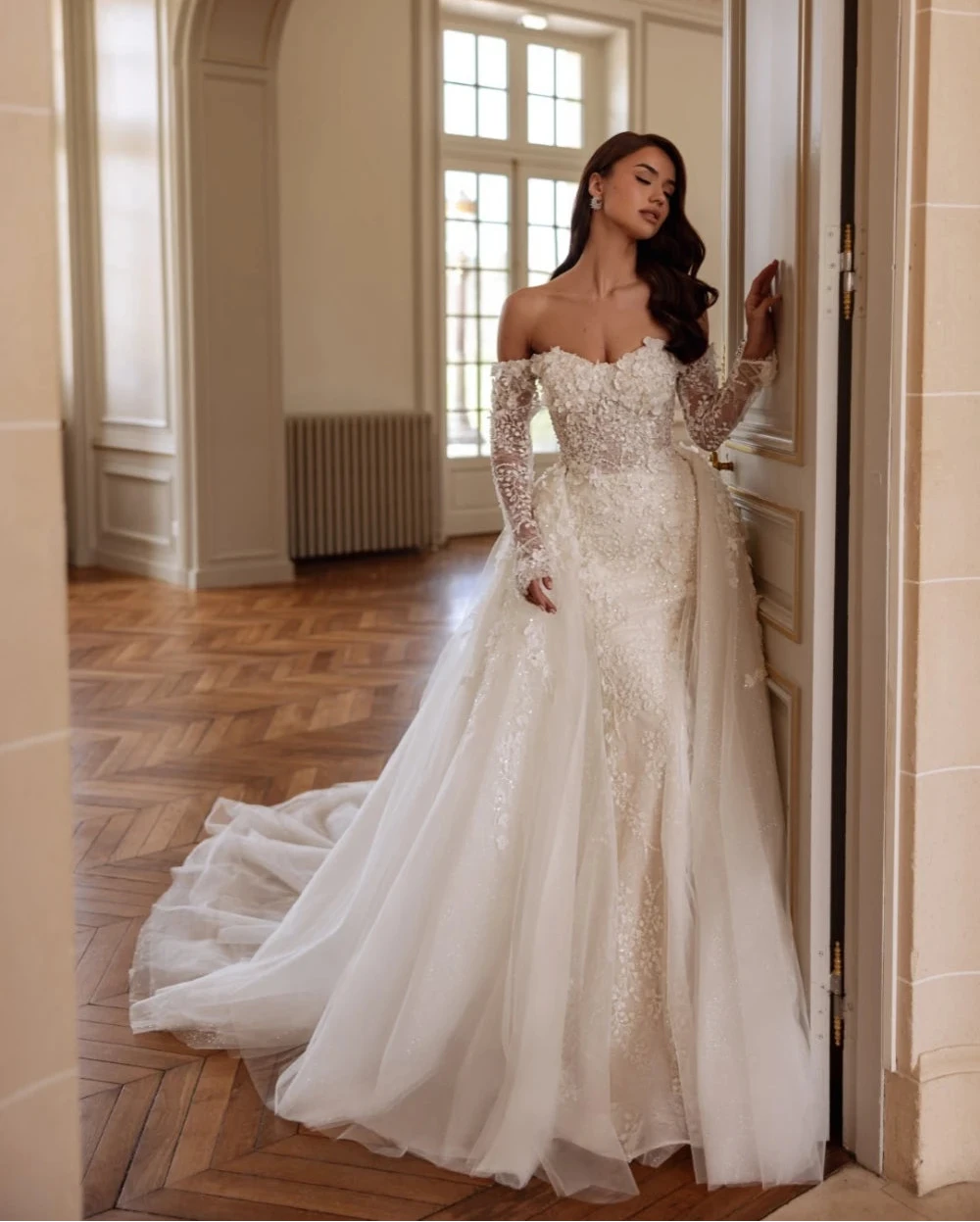 Beaded 3D flower off-shoulder mermaid wedding dress – front view – Snowy Bridal