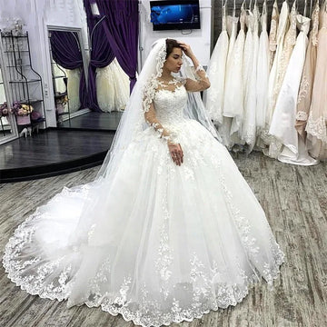 Long Sleeves Vestidos De Novia Appliques Vestido De Noiva Customized O-Neck Sweep Train Wedding Dresses Lace Robe De Mariée