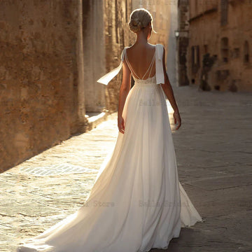 Elegant White Chiffon Wedding Dresses Deep V Neck Backless Bridal Growns Appliques Floor-Length A-line Vestidos De Novia
