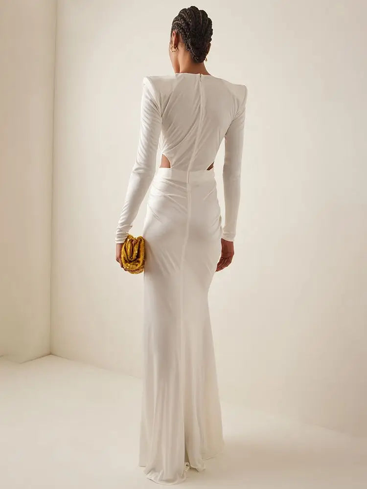 Women Elegant Luxury White Long Sleeved Sexy V-Neck Pleated Hollow High Split Long Dress Vestidos De Fiesta Evening Party Prom