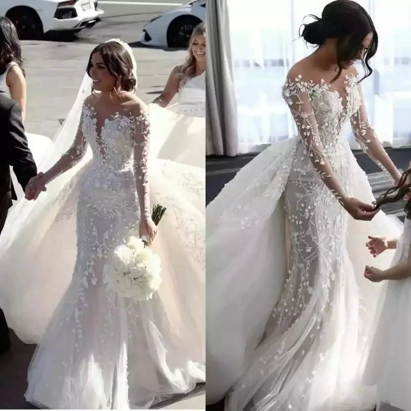 Customized African Mermaid Wedding Dresses With Detachable Train Sexy Deep V-neck Vestidos De Novia Appliques Vestido De Noiva