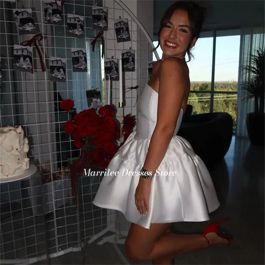 Marrilee Short Stain Pleated A-Line Strapless Evening Dress Simple Mini Above Knee Sleeveless Backless Prom Party Gowns Vestidos