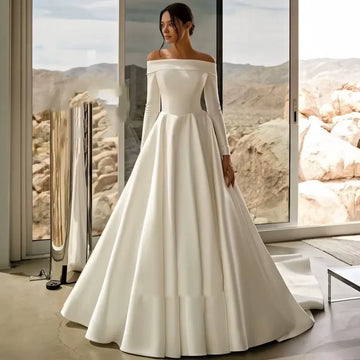 Customized Satin Long Sleeves Wedding Dress Off Shouder A Line Bride Dress Sweep Train Bridal Gown vestido de novia